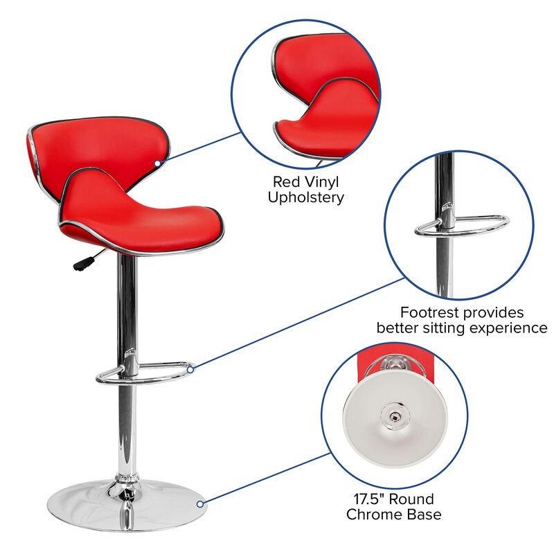 Flash Furniture Devin Contemporary Cozy Mid-Back Red Vinyl Adjustable Height Barstool with Chrome Base