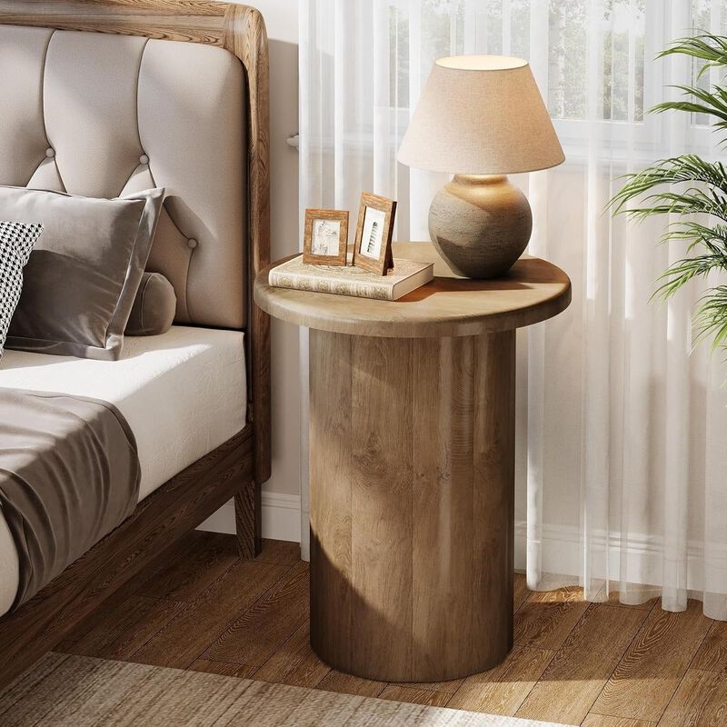 Round Farmhouse Side Table Nightstand with Fluted Base, End Table image number 5