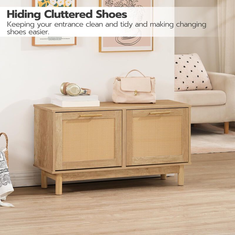 Rattan Shoe Bench with Flip-Top Drawers, Storage Organizer for Entryway image number 7