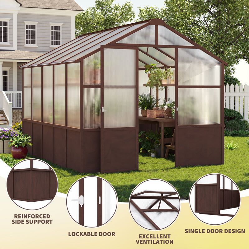 8x10 FT Greenhouse, Wooden Walk-in Greenhouse for Outdoors with Polycarbonate Panel and Adjustable Roof Vents image number 5