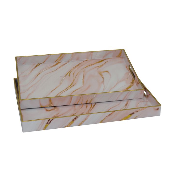 Hamza Rectangular Tray, Set of 2, Pink-Gold Marble Finish Polyurethane