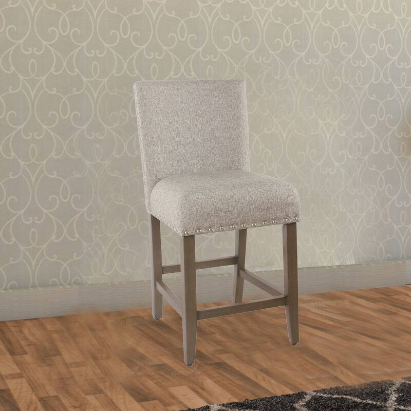 Fabric Upholstered Wooden Counter Stool with Striking Nail head Trims, Gray and Brown
