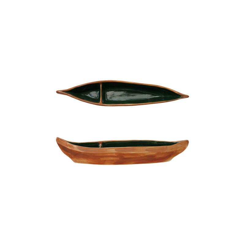 Hand-Painted Stoneware Canoe Dish in Green and Brown image number 0