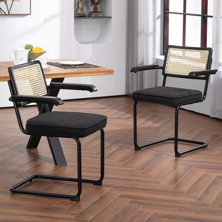 Glamour Home Set of 2 Black Boucle Fabric Dining Chair Rattan Backrest and Black Iron Legs