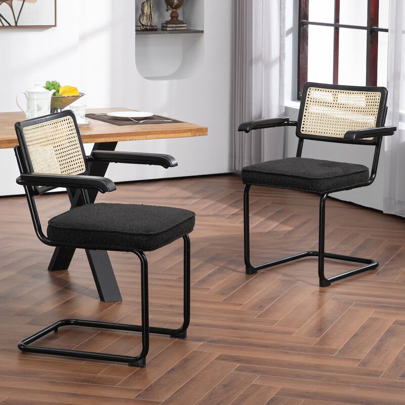 Glamour Home Set of 2 Black Boucle Fabric Dining Chair Rattan Backrest and Black Iron Legs