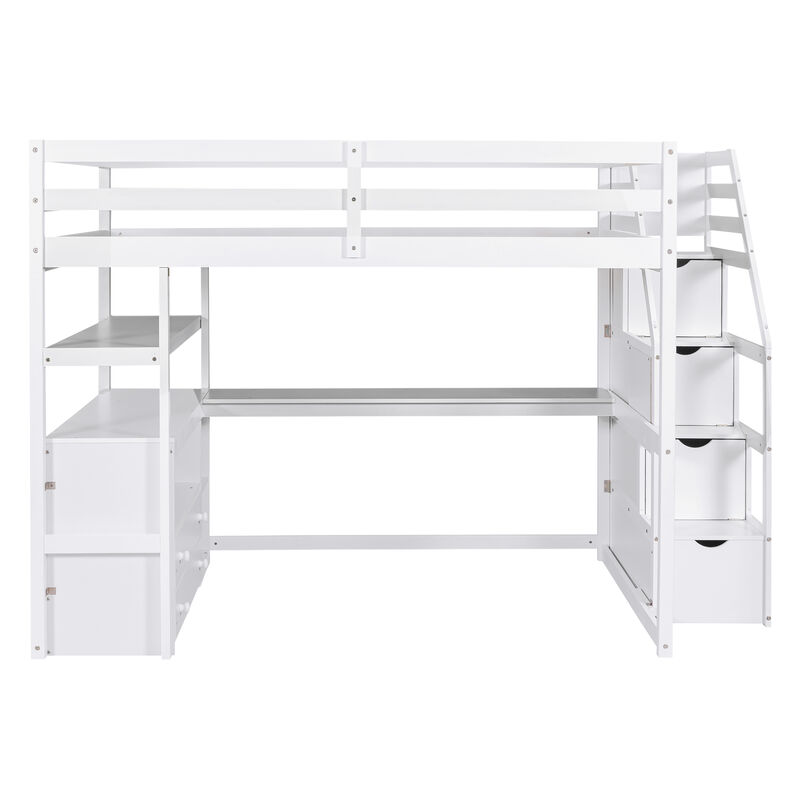 Merax  Loft Bed with Desk and Shelves, Two Built-in Drawers