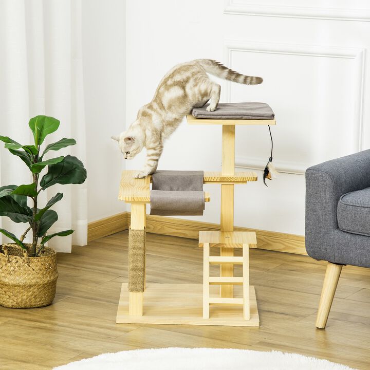 25.5" Cat Tree Kitty Activity Center Pinewood Cat Climbing Toy Indoor Outdoor Pet Furniture Perch Hanging Toy Ladder Cushion Natural