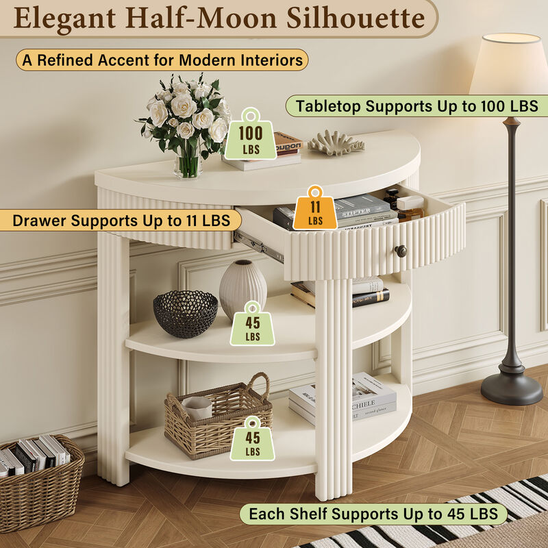 Whisen Half Moon Console Table, Fluted Wooden Entryway Table with Drawer & 2 Shelves, Solid Wood & MDF for Living Room Hallway image number 4