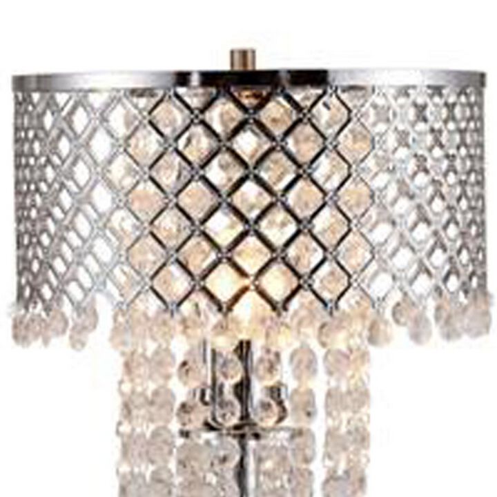 Denise 29 Inch Table Lamp, Glass, Metal Frame, Mesh Shade, Crystals, Gold - Benzara