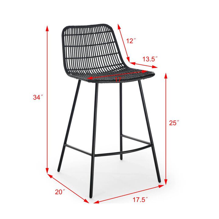 Set of 2, Natural Rattan Indoor Counter Chair, Black Finish Steel legs, Black (17.5"x 20"x 34")