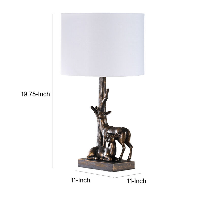 20 Inch Accent Table Lamp, Dual Roe Deer Design, White Drum Shade, Bronze - Benzara