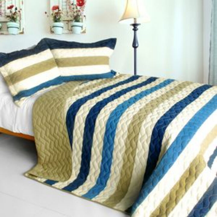 3 Piece Quilted Patchwork Quilt Set, Pure Sea Air Bedroom Bedding Design-Blue