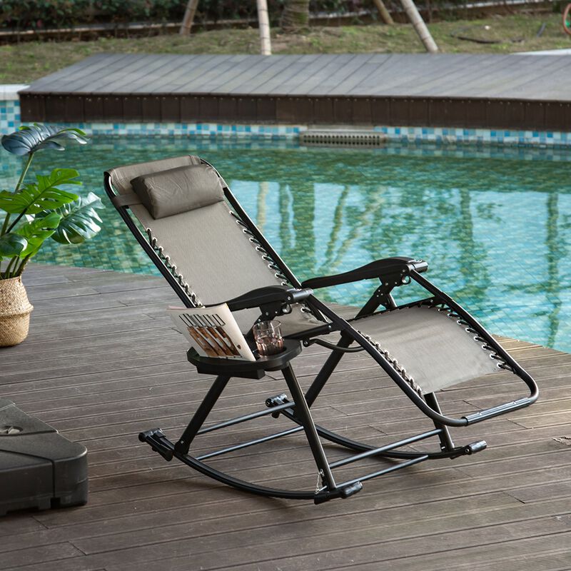 Grey Patio Lounger: Zero Gravity Rocker with Headrest & Phone Holder