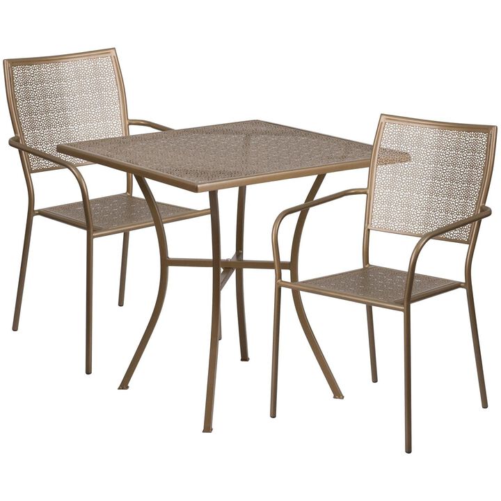 Flash Furniture Commercial Grade 28" Square Light Gray Indoor-Outdoor Steel Patio Table Set with 2 Square Back Chairs