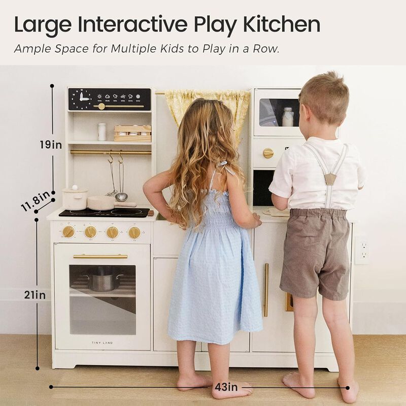 Play Kitchen for Kids - Interactive Wooden Kitchen with Coffee Maker & Microwave, Modern Home Design with Fabric Curtains, Pretend Play Toy image number 2