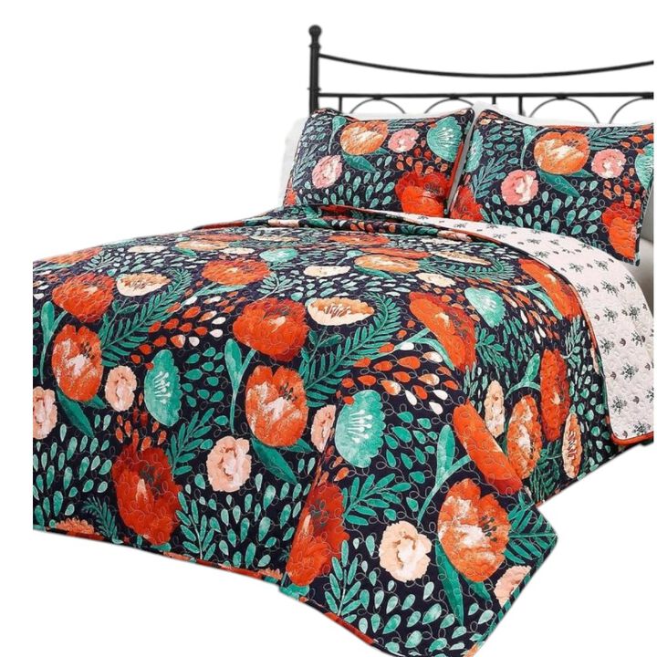 Hivvago Floral Red Poppy Navy Teal Lightweight 3 Piece Cotton Quilt Set