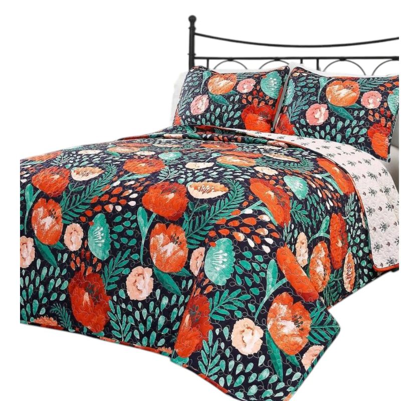 Hivvago Floral Red Poppy Navy Teal Lightweight 3 Piece Cotton Quilt Set