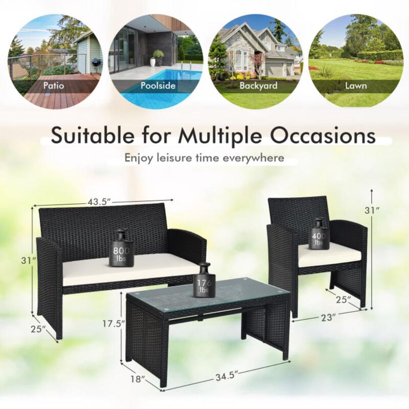 Hivvago 4 Pieces Rattan Patio Furniture Set with Weather Resistant Cushions and Tempered Glass Tabletop