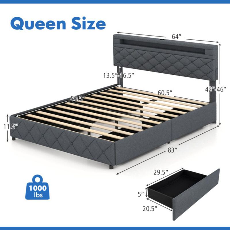 Hivvago Queen Size Bed Frame with Adjustable Storage Headboard and Wooden Slat Support