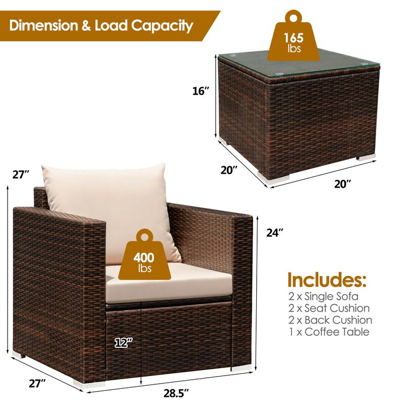 3 Pcs Patio Conversation Rattan Furniture Set with Cushion