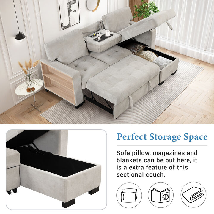 Stylish & Functional Light Chaise Lounge Sectional with Storage Rack, Pull-out Bed