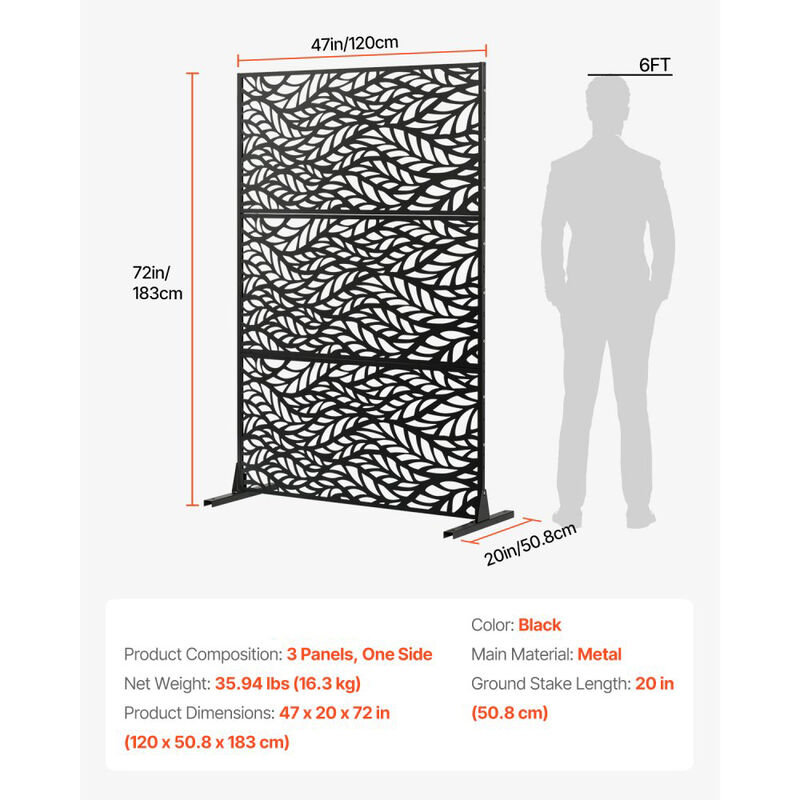 Outdoor Metal Privacy Panels Freestanding 3-Panel Decorative Garden Divider-Black image number 2