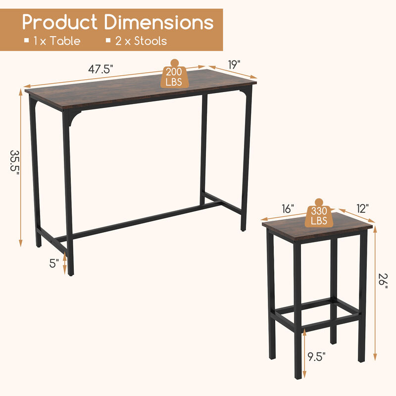 Durable Industrial 3-Piece Counter-Height Bar Table and Stools Set