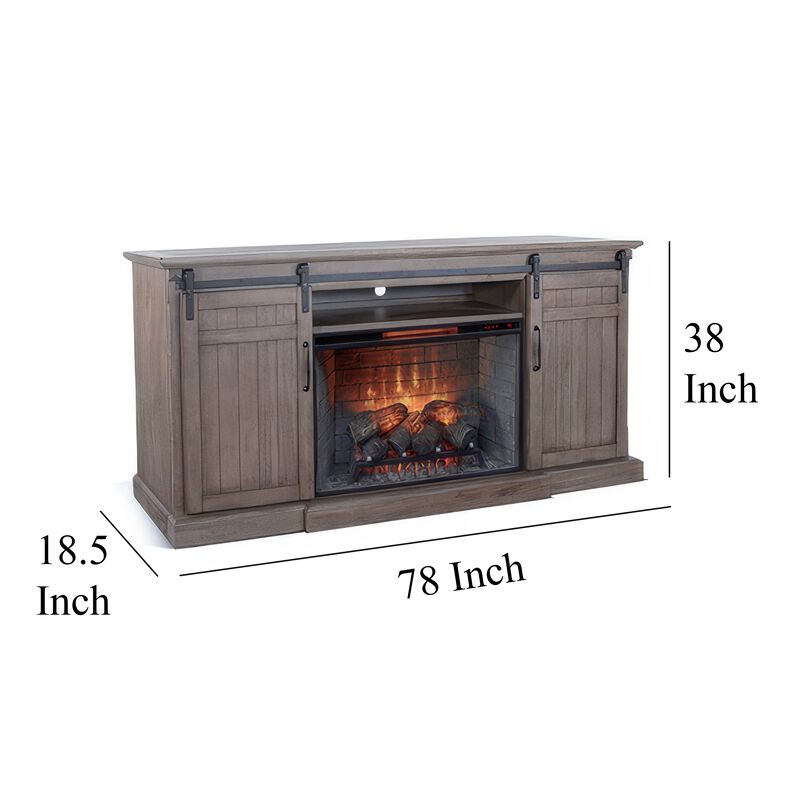 Yael TV Media Console w Fireplace Option, Barn Doors, 78 Inch Brown - Benzara