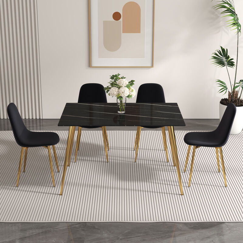 A set of 4 dining chairs and a dining table, featuring modern medieval style restaurant cushioned side chairs, equipped with soft velvet fabric cushions and spoon shaped golden metal legs. B0501A