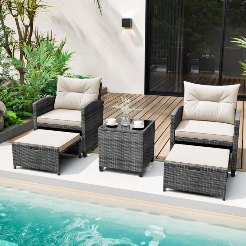 5 Piece Patio Rattan Furniture with 2 Ottomans and Tempered Glass Coffee Table image number 1