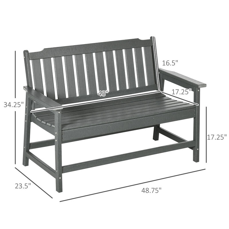 Outsunny Outdoor Bench, 2-Person Park Style Garden Bench with All-Weather HDPE, 704 lbs. Weight Capacity Porch Bench with Slatted Back & Armrests, Dark Gray