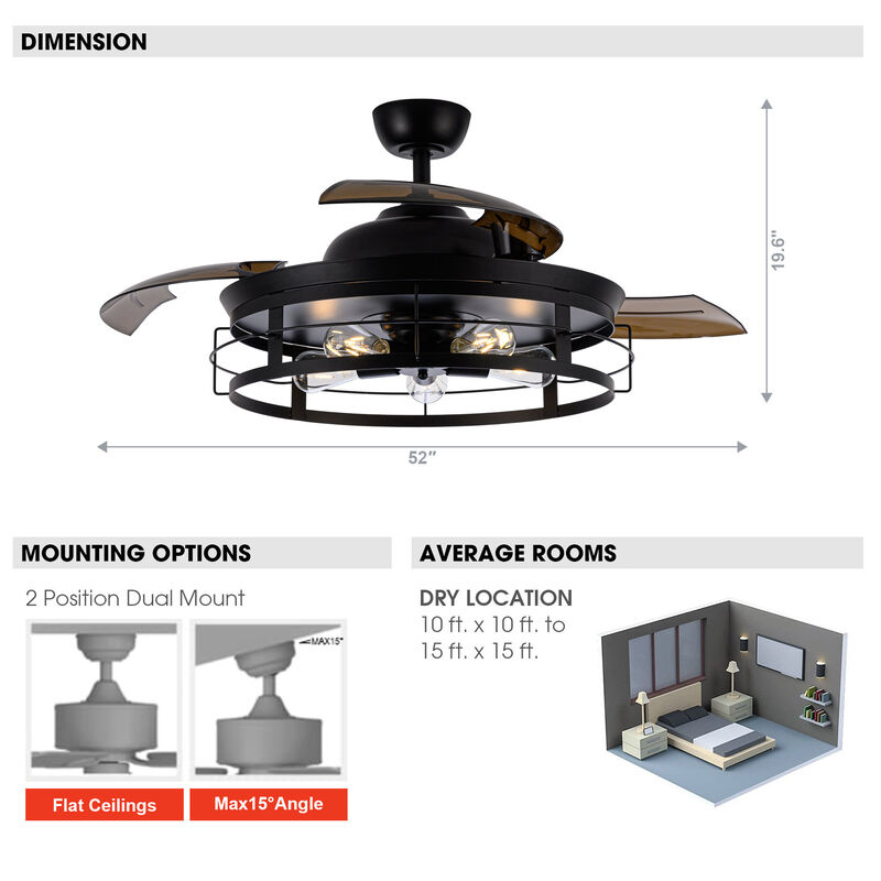 52" Industrial Retractable 3-Blade Ceiling Fan Chandelier with Remote
