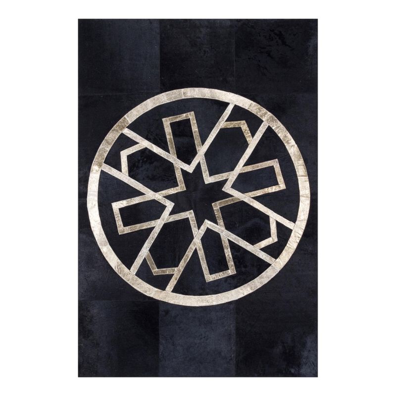 Black Cowhide Patchwork Rug Gold Geometric Design image number 4