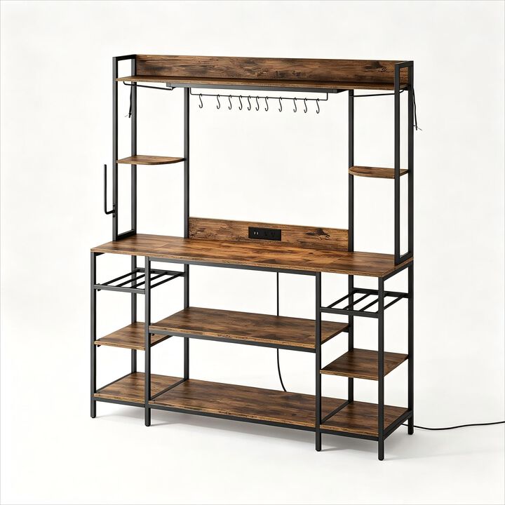 Large Bakers Rack with LED Lights & Power Outlet, 55" Wide Microwave Stand, 6-Tier Kitchen Racks and Shelves, Wine Glass Holder, 11 Hooks with App Control