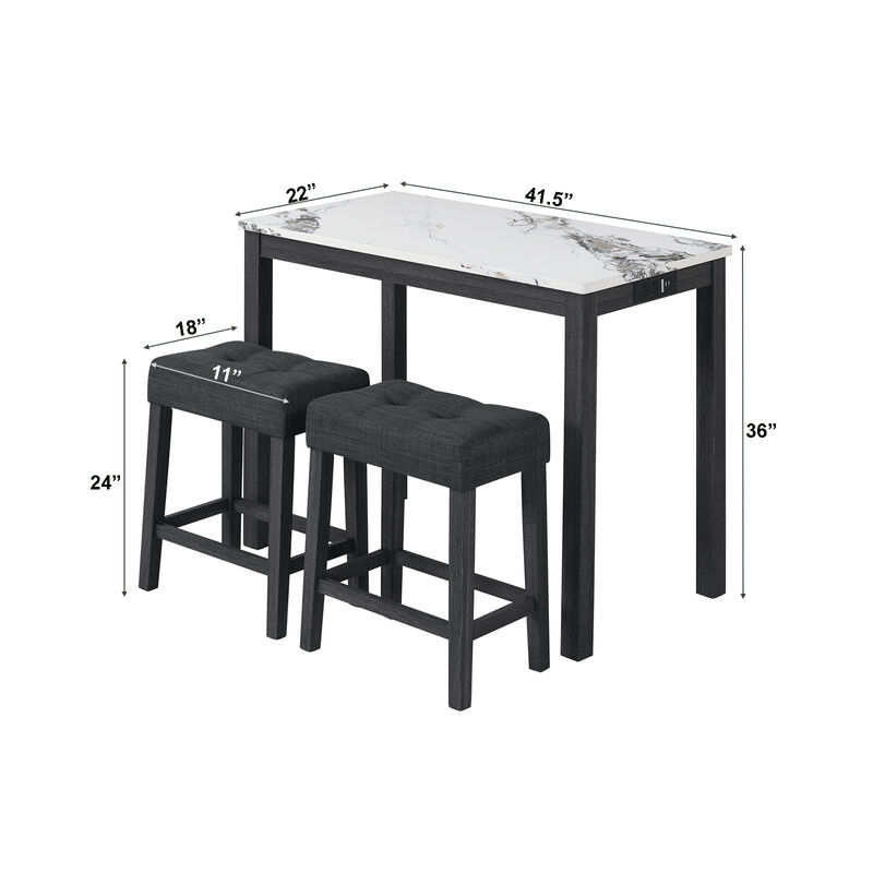 Bar Table Set with Charging Station and Faux Marble Top - 3-Piece Set image number 2