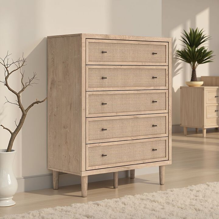 Ciel Tall Dresser Chest, 5 Drawers w Metal Handles, Brown and Bronze