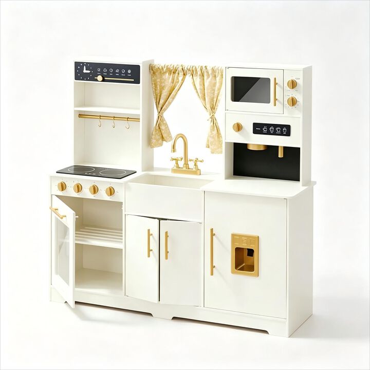 Play Kitchen for Kids - Interactive Wooden Kitchen with Coffee Maker & Microwave, Modern Home Design with Fabric Curtains, Pretend Play Toy