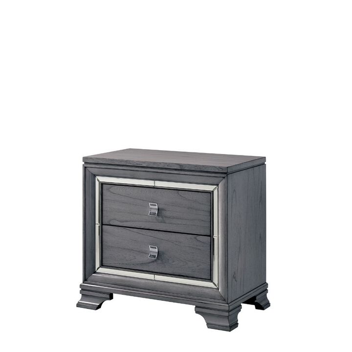 Mirror Trim Accented Two Drawer Solid Wood Nightstand with Bracket Feet, Light Gray-Benzara