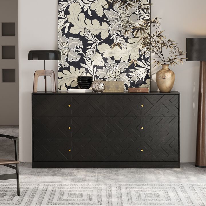 FUFU&GAGA Black 6-Drawer Storage Cabinet with Embossed Texture, Gold Tapered Pulls and Textured Finish, 63" W x 15" D x 32.3" H