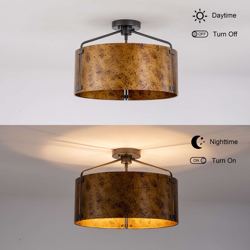 Milka 18" Rustic 3-Light Black and Brown Metal Drum Shade Flush Mount image number 7