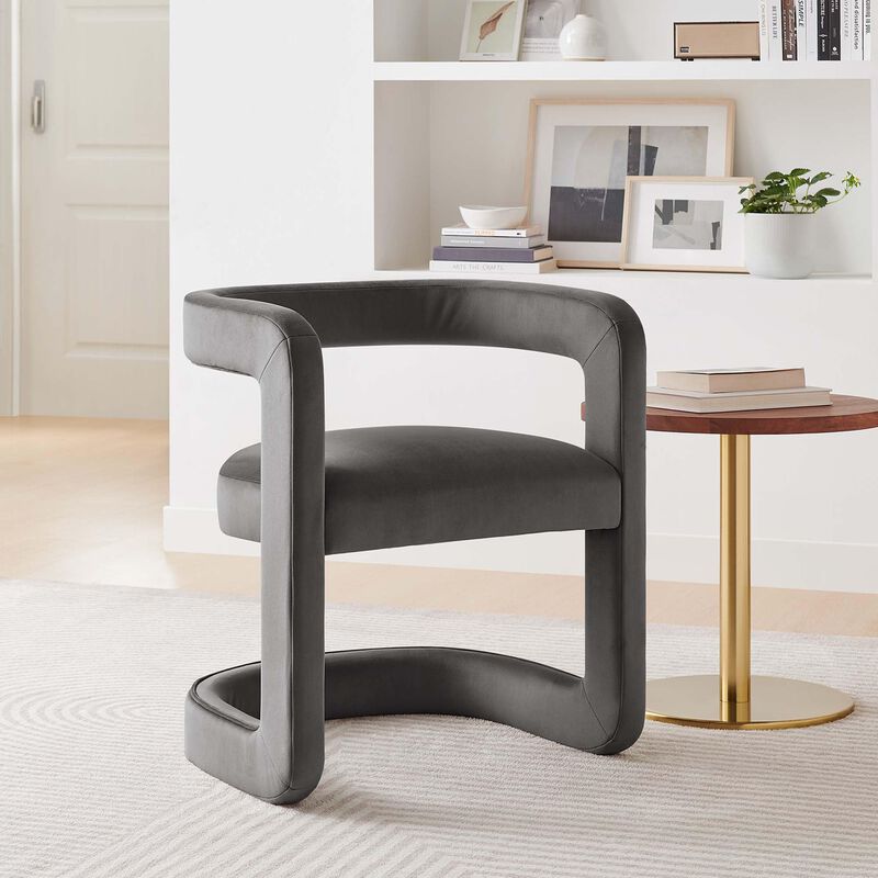 Modway Winslow Stain-Resistant Performance Velvet Dining Chair in Storm Gray - Open Back Barrel Armchair - Upholstered Dining Chair - Cozy Reading Chair or Velvet Vanity Chair image number 4