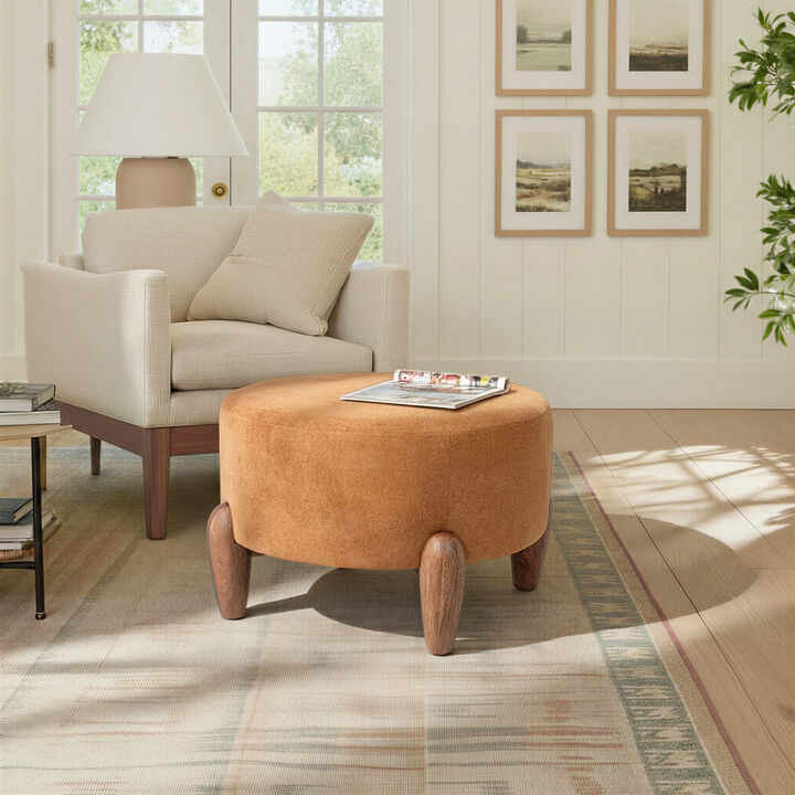 Terracotta Boucle Upholstered Ottoman with Tapered Mango Wood Legs