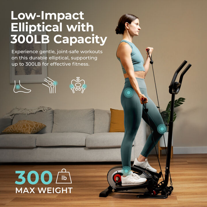 Sunny Health & Fitness Smart Compact Magnetic Elliptical Trainer with Resistance Bands
