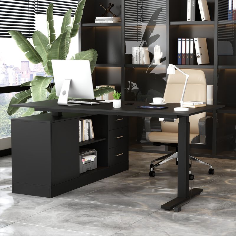 FUFU&GAGA 63-in White Modern/Contemporary L-shaped Desk Hutch Included  (63" W x 31.5" D x 29.1" H) ,Black