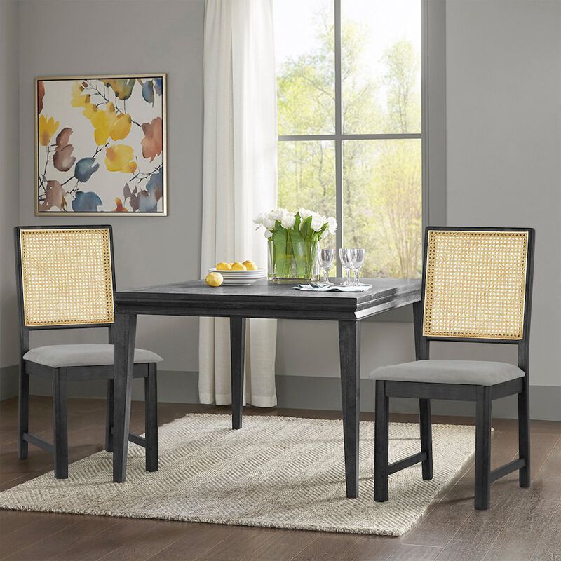 Glamour Home Set of 2 Gray Fabric Dining Chair High Rattan Back and Black Wood Legs