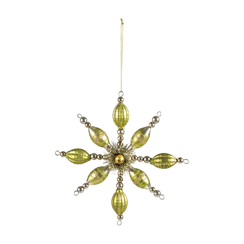 Green Glass Snowflake Ornament with Silver Beaded Detailing image number 0