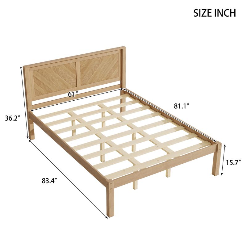 Queen Solid Wood Platform Bed with Herringbone Headboard, Natural Oak Finish, Farmhouse image number 7