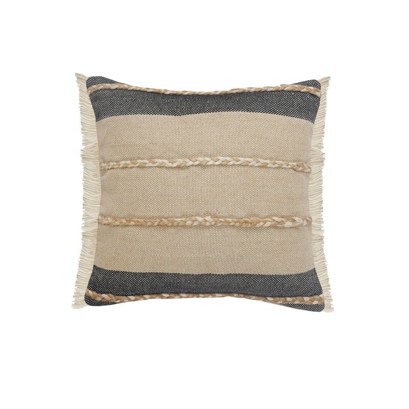 20" Black and Taupe Striped Square Throw Pillow with Jute Braiding