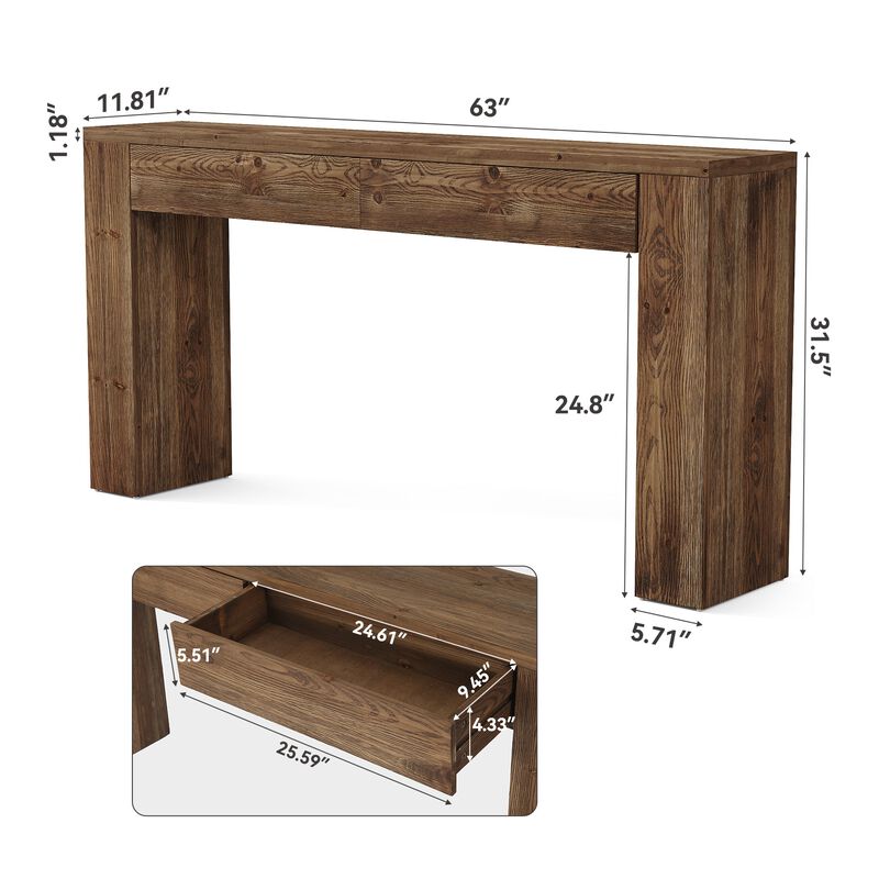 Solid Wood Sofa Console Table with Hidden Drawers for Behind Couch-Brown image number 2
