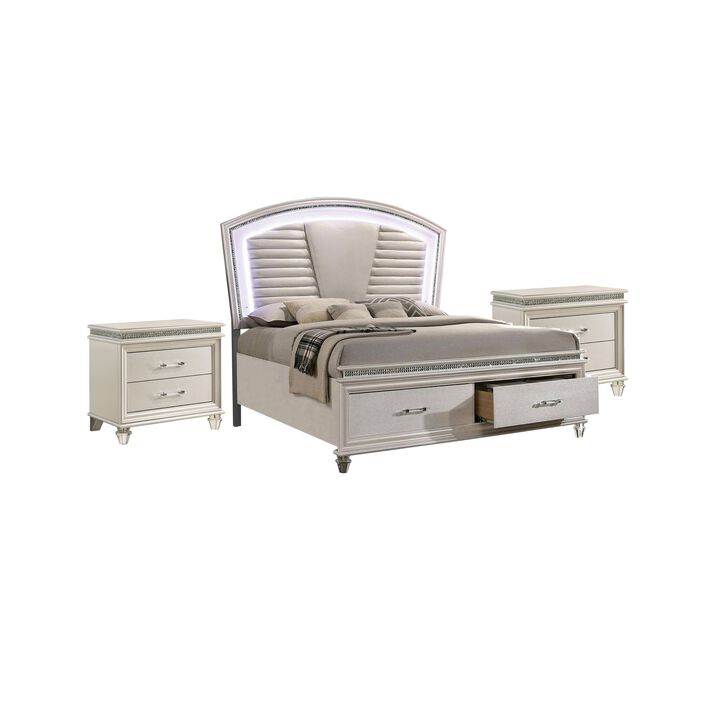 3pc King Bedroom Set, Pearl White, White, Clear, Silver Wood, 2 Nightstands